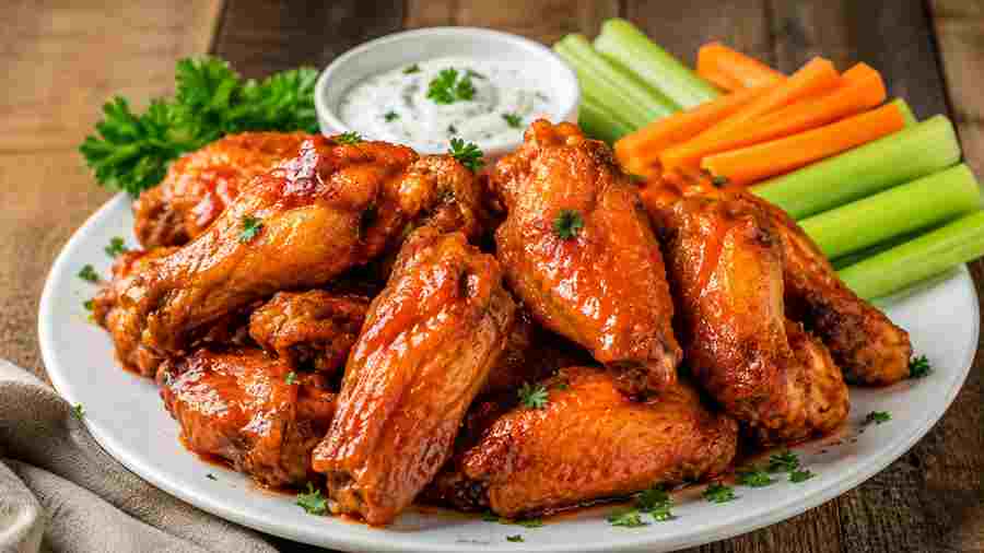 Buffalo wings with fresh vegetables and dip