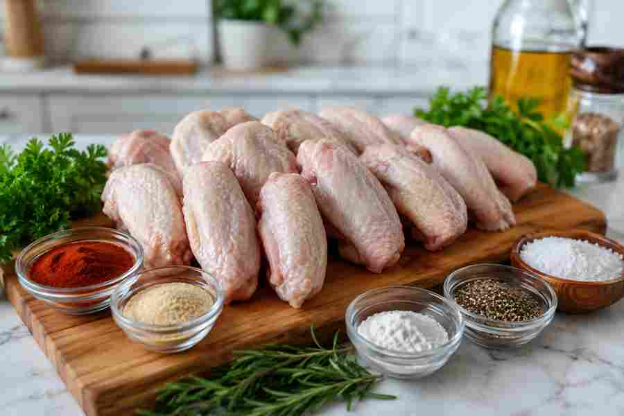 Raw chicken wings with spices and herbs


