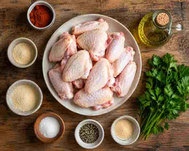 Rustic food prep with chicken wings