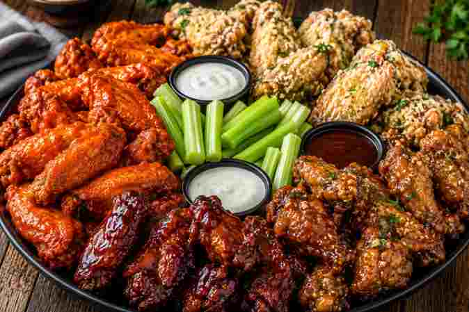 Variety of wings with dipping sauces

